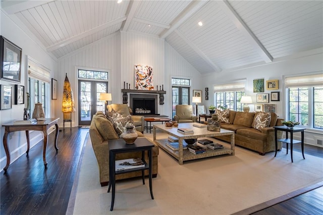 living room featuring high vaulted ceiling, french doors, beam ceiling, and hardwood / wood-style flooring