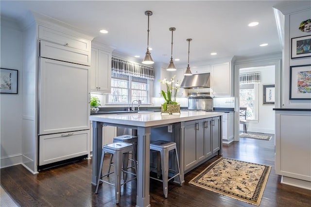 kitchen with dark wood finished floors, a breakfast bar, a center island, under cabinet range hood, and white cabinetry