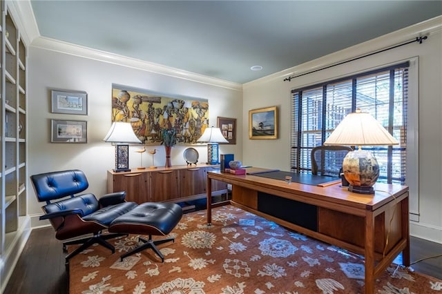 office space with ornamental molding, wood finished floors, and baseboards