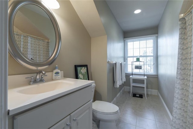 bathroom with tile patterned flooring, toilet, recessed lighting, vanity, and baseboards