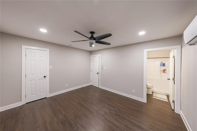 interior space featuring recessed lighting, baseboards, dark wood finished floors, and a ceiling fan