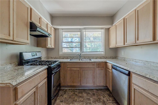 kitchen featuring sink, black range with gas cooktop, stainless steel dishwasher, and light brown cabinets