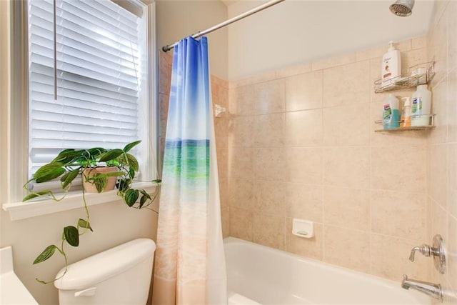 bathroom with toilet and shower / bathtub combination with curtain