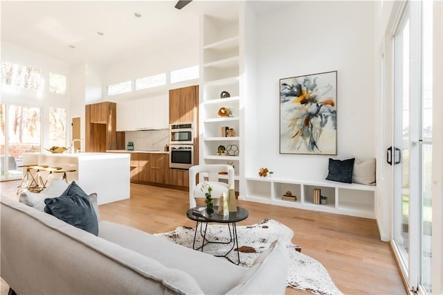 living room featuring light hardwood / wood-style flooring and a towering ceiling