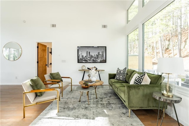 living room with hardwood / wood-style floors and a towering ceiling