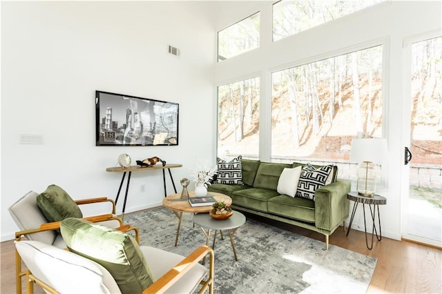 living area featuring hardwood / wood-style floors and a towering ceiling