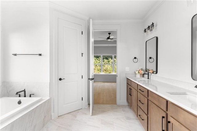 bathroom featuring vanity, ceiling fan, ornamental molding, and tiled bath