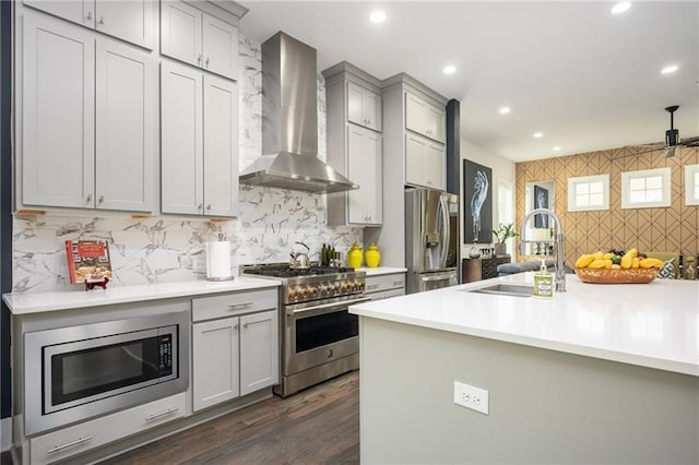 1821 Huntington Hills Ln NW, Atlanta, GA 30309 - kitchen with wall chimney range hood, stainless steel appliances, a sink, gray cabinetry, and backsplash
