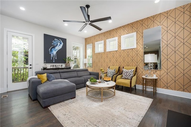 1821 Huntington Hills Ln NW, Atlanta, GA 30309 - living area with an accent wall, wallpapered walls, a ceiling fan, recessed lighting, and wood finished floors
