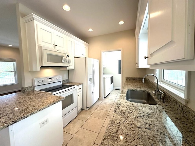 44 Powell Rd NW, Adairsville, GA 30103 - kitchen with white appliances, a sink, plenty of natural light, white cabinetry, and recessed lighting