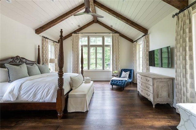 bedroom with dark hardwood / wood-style floors, ceiling fan, beam ceiling, and high vaulted ceiling