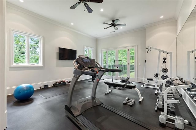 exercise area with a wealth of natural light, ornamental molding, and ceiling fan