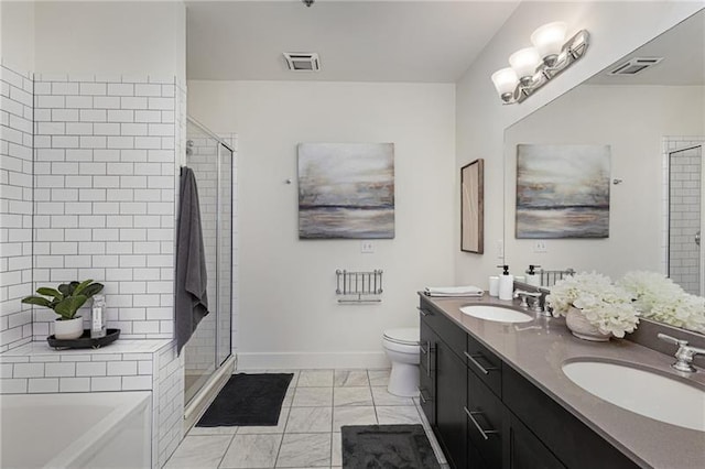 full bathroom featuring vanity, independent shower and bath, and toilet