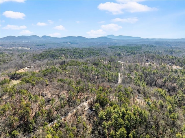 birds eye view of property featuring a mountain view and a view of trees