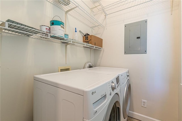 1015 Piedmont Ave NE Unit A2, Atlanta, GA 30309 - washroom featuring baseboards, laundry area, electric panel, and washer and dryer