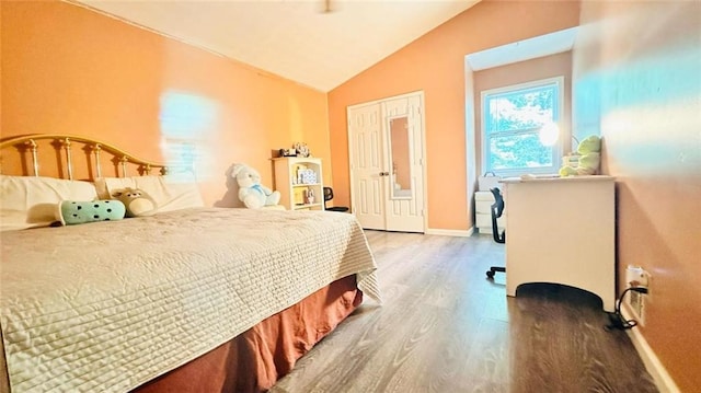 bedroom with vaulted ceiling, hardwood / wood-style floors, and a closet