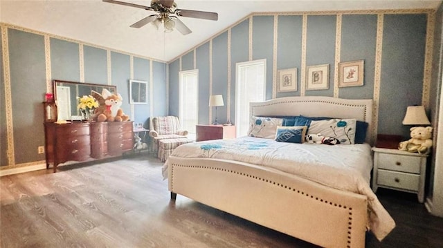 bedroom with high vaulted ceiling, hardwood / wood-style flooring, and ceiling fan