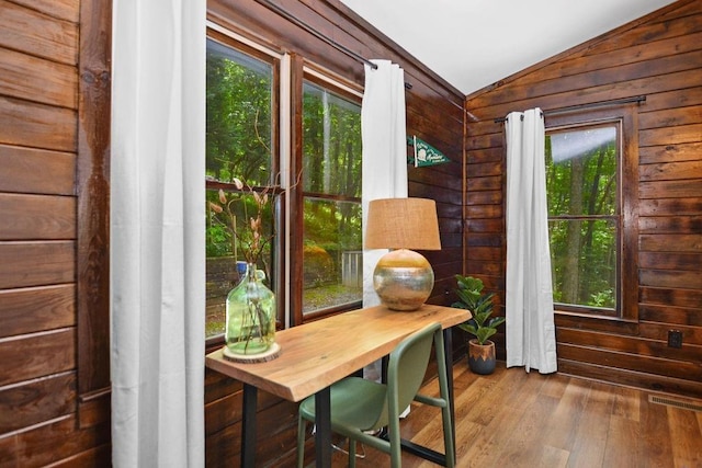 307 Pigeon Creek Rd, Blue Ridge, GA 30513 - doorway to outside with vaulted ceiling, wooden walls, and wood finished floors