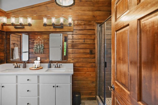 307 Pigeon Creek Rd, Blue Ridge, GA 30513 - bathroom with double vanity, a stall shower, and wood walls