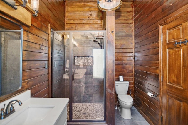 307 Pigeon Creek Rd, Blue Ridge, GA 30513 - full bathroom featuring wooden walls, a shower stall, and vanity