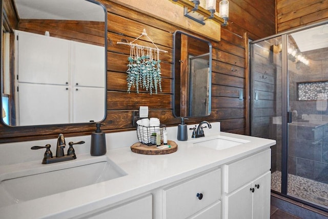 307 Pigeon Creek Rd, Blue Ridge, GA 30513 - bathroom featuring double vanity, a shower stall, and wooden walls