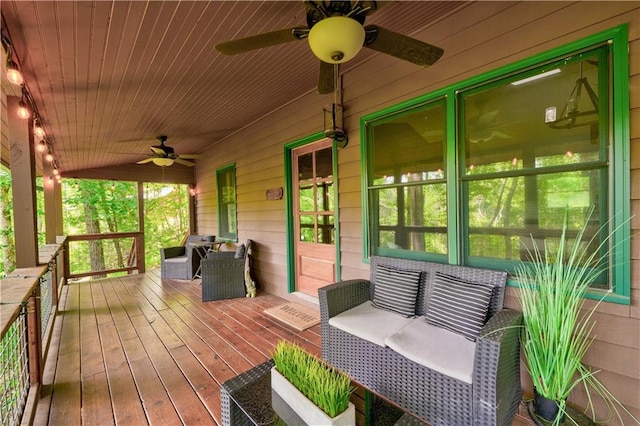 307 Pigeon Creek Rd, Blue Ridge, GA 30513 - wooden porch featuring a ceiling fan, area for grilling, and an outdoor living space