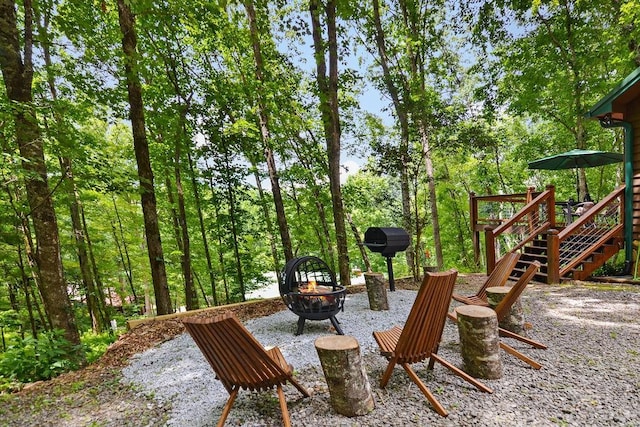 307 Pigeon Creek Rd, Blue Ridge, GA 30513 - view of patio / terrace featuring a fire pit, area for grilling, and stairs