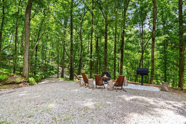 307 Pigeon Creek Rd, Blue Ridge, GA 30513 - view of yard with an outdoor fire pit and a forest view