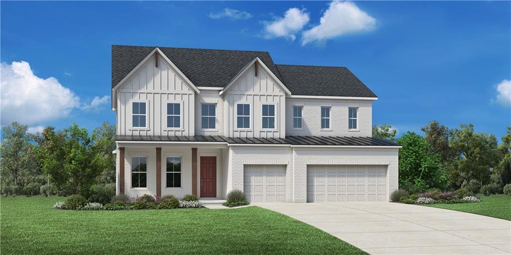 7048 Foundry Dr, Woodstock, GA 30188 - modern farmhouse with a garage, driveway, a standing seam roof, and a front yard