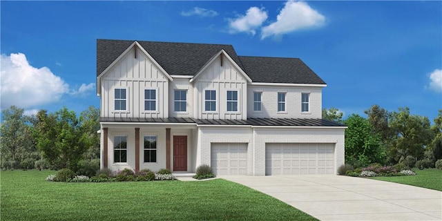 7048 Foundry Dr, Woodstock, GA 30188 - modern farmhouse with a garage, driveway, a standing seam roof, and a front yard