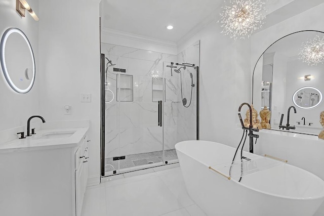 bathroom featuring vanity, crown molding, independent shower and bath, and a chandelier