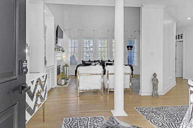 foyer with light hardwood / wood-style flooring, ornamental molding, and ornate columns