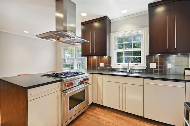 kitchen featuring white dishwasher, island range hood, a peninsula, premium range, and a sink