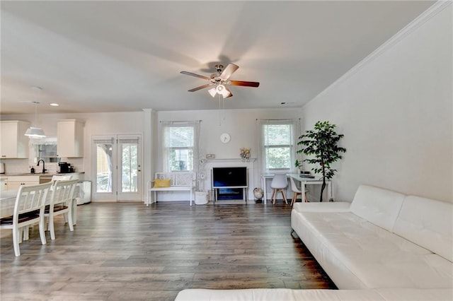 living room with crown molding, a fireplace, dark hardwood / wood-style floors, and ceiling fan