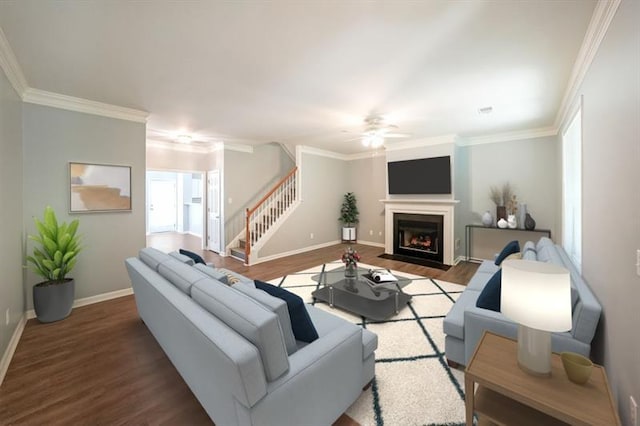 living room featuring hardwood / wood-style flooring, ceiling fan, and crown molding