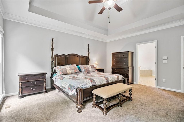 4915 Lazy Creek Ct, Cumming, GA 30028 - bedroom featuring a tray ceiling, carpet floors, ornamental molding, baseboards, and ensuite bath