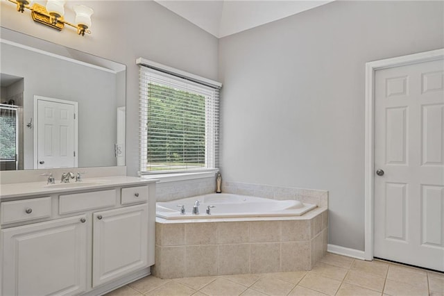 4915 Lazy Creek Ct, Cumming, GA 30028 - bathroom featuring vanity, tile patterned flooring, a bath, and a stall shower