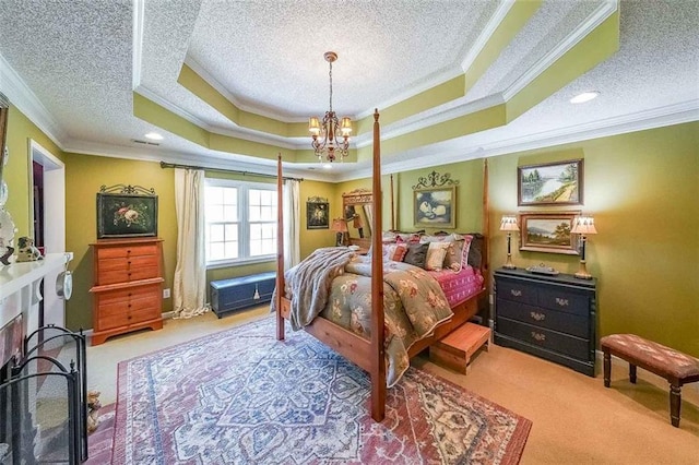 12 Blackfoot Trl, Sharpsburg, GA 30277 - bedroom with ornamental molding, carpet, a textured ceiling, a chandelier, and a raised ceiling