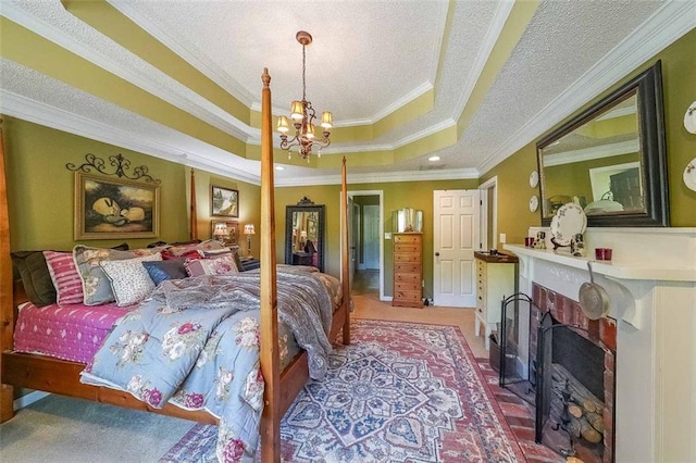 12 Blackfoot Trl, Sharpsburg, GA 30277 - carpeted bedroom featuring ornamental molding, a chandelier, a fireplace with flush hearth, a tray ceiling, and a textured ceiling