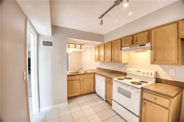 kitchen featuring sink, white appliances, light tile patterned flooring, and light brown cabinets