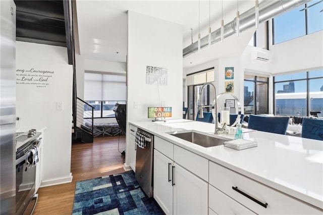 kitchen featuring appliances with stainless steel finishes, an AC wall unit, white cabinets, sink, and dark wood-type flooring