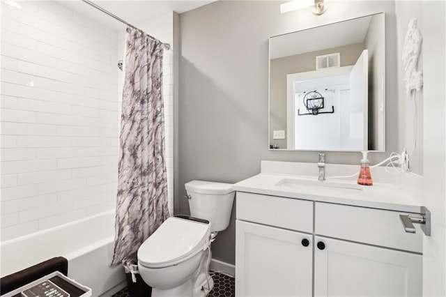 full bathroom with shower / bath combo, toilet, and vanity