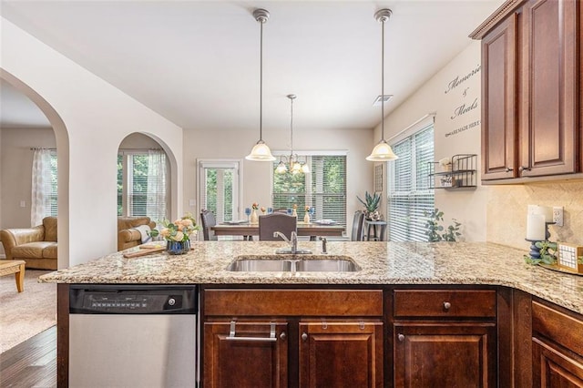 2149 Apple Orchard Way, Austell, GA 30168 - kitchen with dishwasher, a sink, light stone countertops, a peninsula, and dark wood finished floors