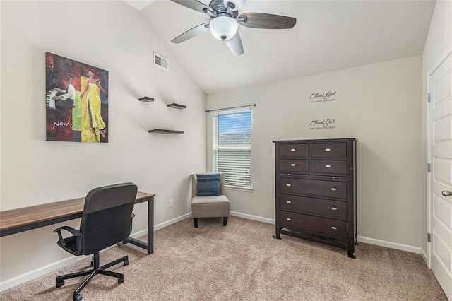 2149 Apple Orchard Way, Austell, GA 30168 - office space featuring light carpet, vaulted ceiling, ceiling fan, and baseboards