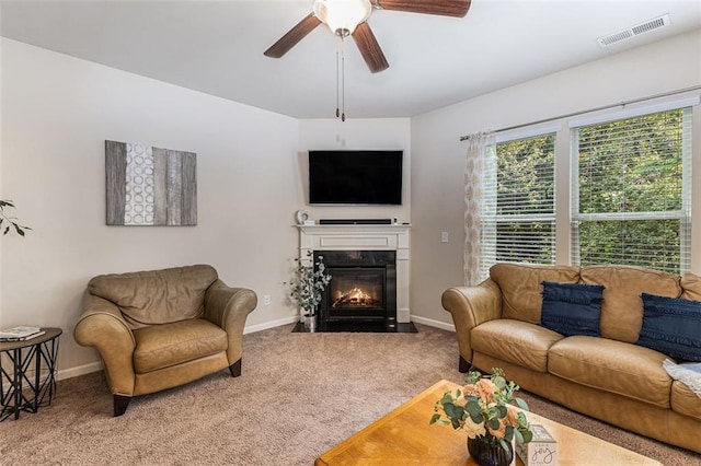 2149 Apple Orchard Way, Austell, GA 30168 - living room featuring carpet, ceiling fan, a fireplace with flush hearth, and baseboards