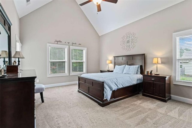 35 Huntington Way, Williamson, GA 30292 - bedroom with visible vents, baseboards, light carpet, a ceiling fan, and high vaulted ceiling