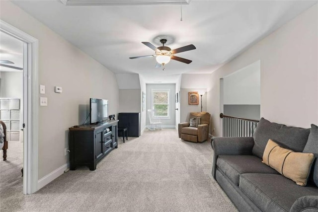 35 Huntington Way, Williamson, GA 30292 - living room featuring attic access, ceiling fan, light colored carpet, and baseboards