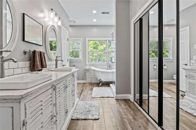 bathroom featuring wood-type flooring, plenty of natural light, vanity, and a bathtub