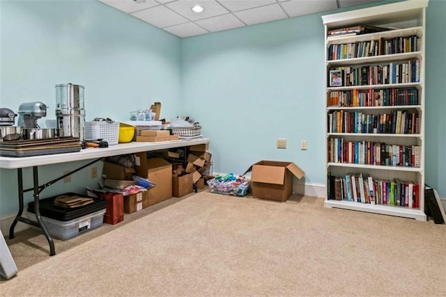 misc room with a paneled ceiling and carpet