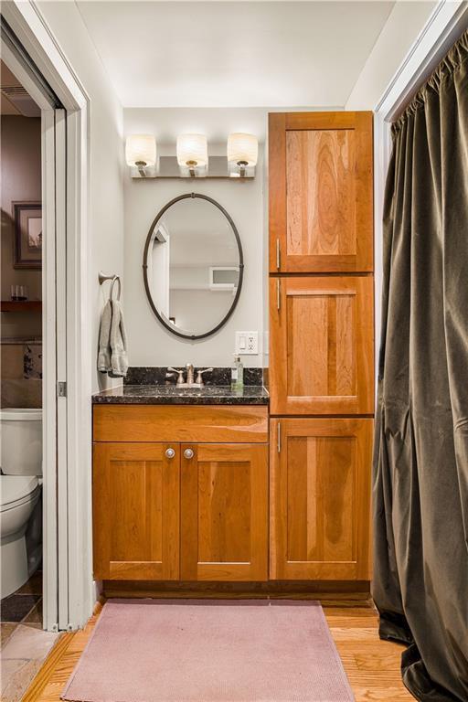 bathroom with toilet, wood finished floors, and vanity